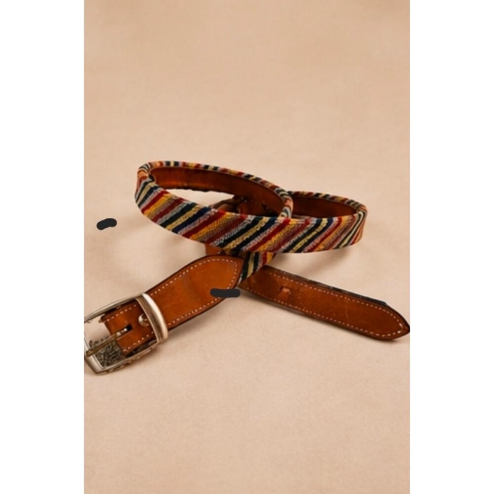 VTG 80s Leather Striped Tapestry Belt Small Unisex Retro Boho Western Festival - Picture 4 of 11